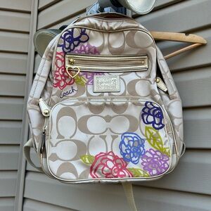 Coach Poppy Backpack Floral Design Gold used book bag small stains purse